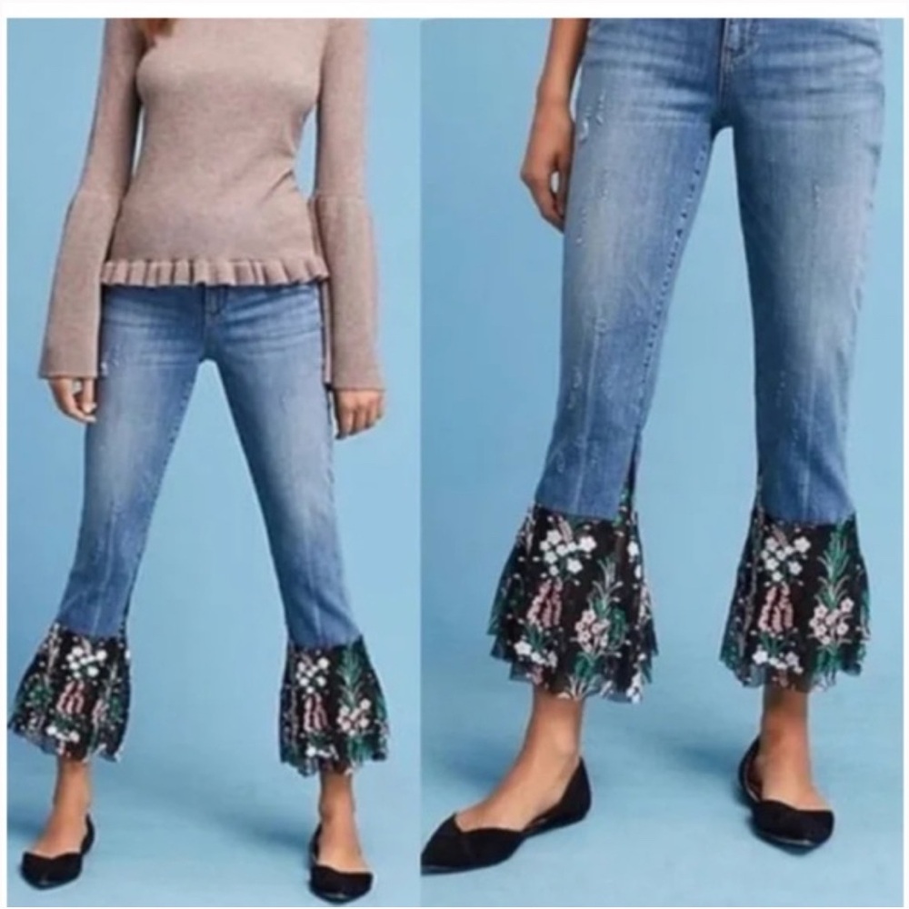 Pilcro Flare Flounce Floral Hem Jeans
